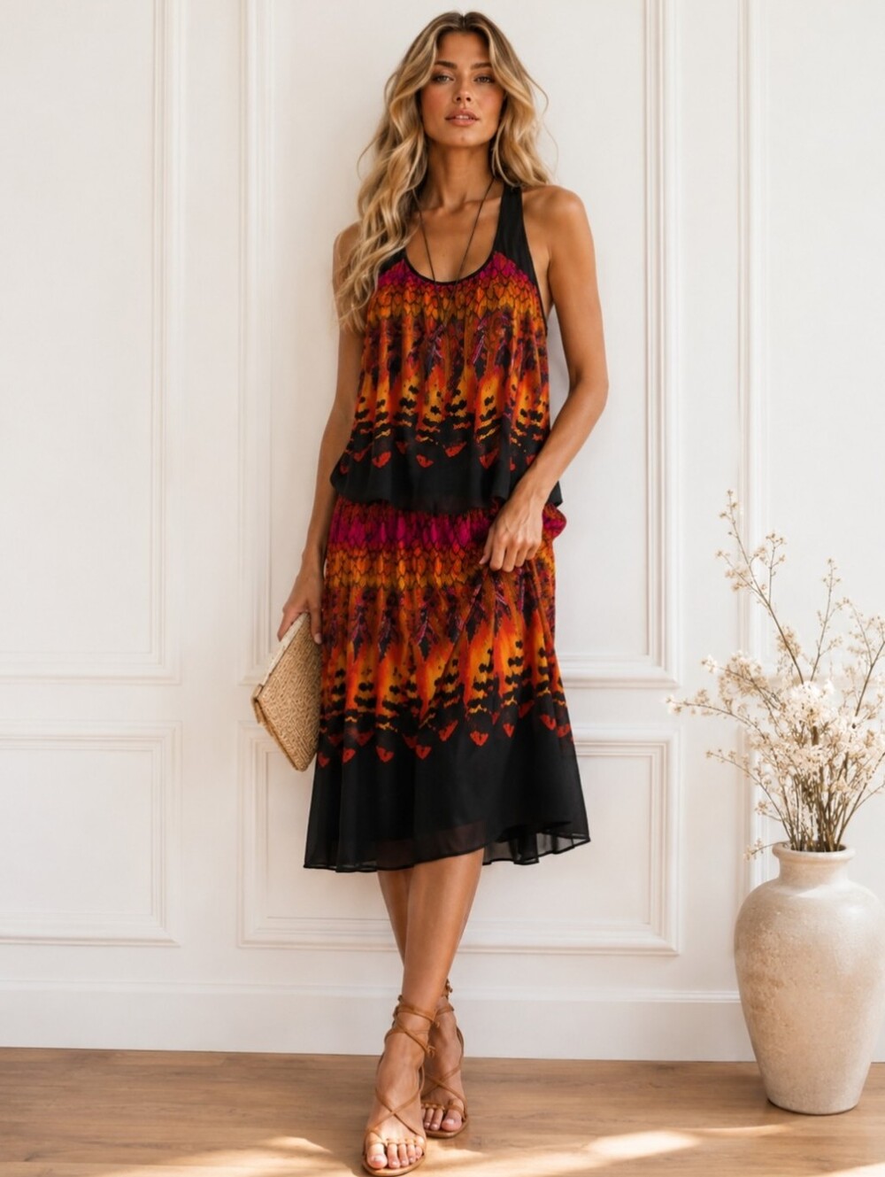 Tiana B. Colorful Tiered Boho Midi Dress | Draped Waist T-Back Style